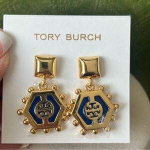 Tory Burch hexagon drop earrings in gold-tone metal with blue enamel detailing